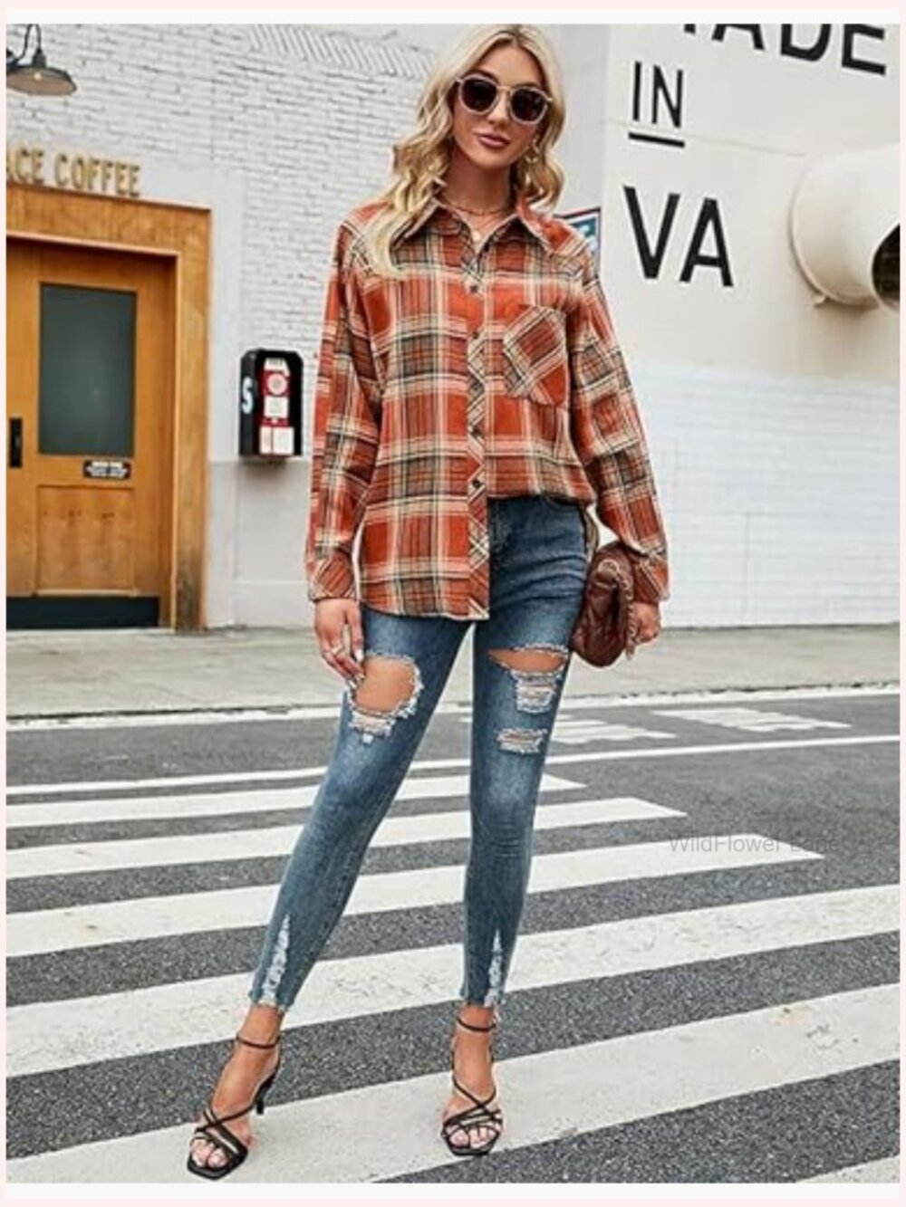 Oversized Flannel Plaid Button Down Shacket Blouse Tops - Picture 4 of 7